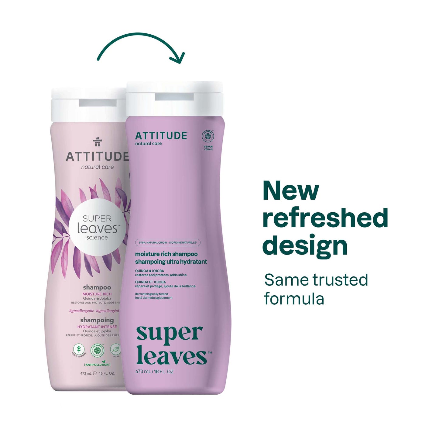 ATTITUDE Super Leaves Shampoo Moisture Rich Restores and protects adds shine 11007en? 473 mL
